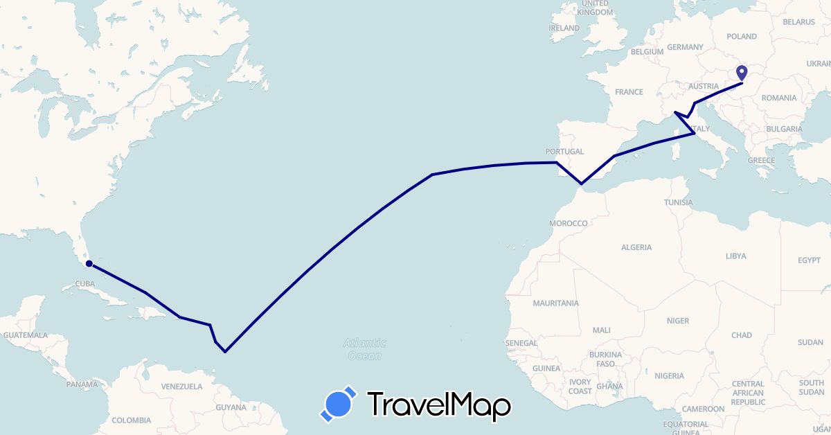 TravelMap itinerary: driving in Antigua and Barbuda, Barbados, Bahamas, Spain, France, Gibraltar, Hungary, Italy, Portugal, Turks and Caicos Islands, United States (Europe, North America)